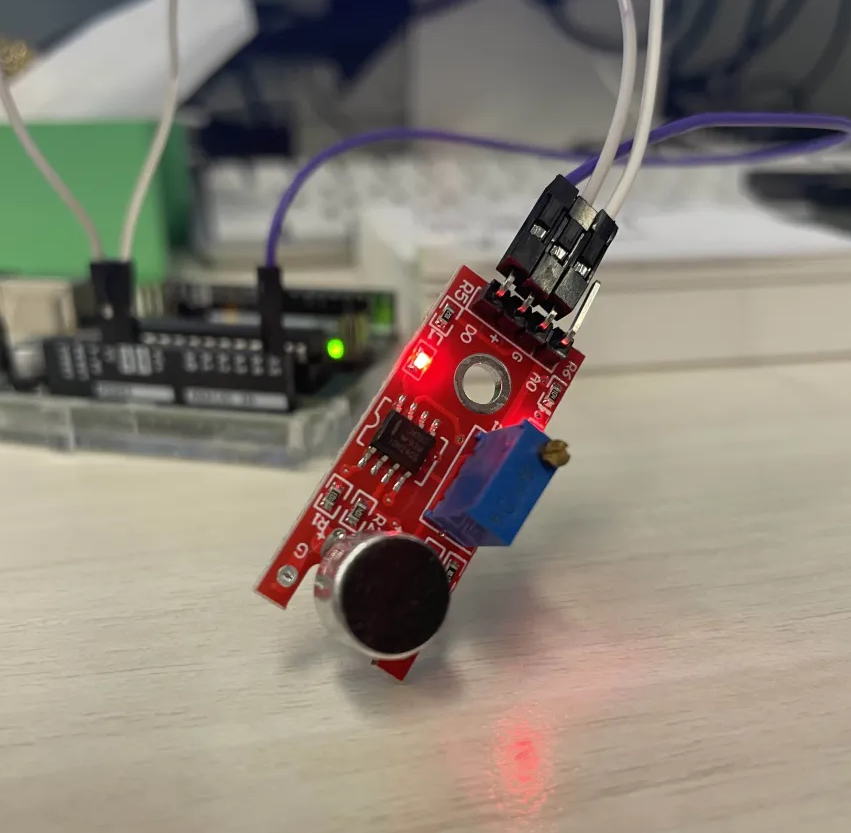 A photo of the sound sensor we tested, plugged into the Arduino board.